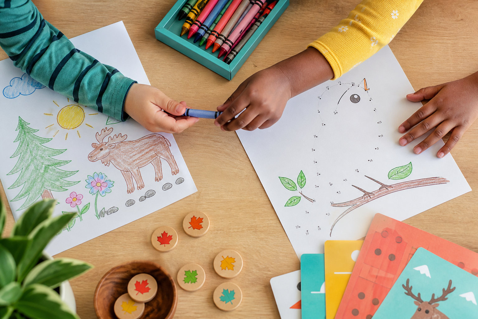 Two children sharing crayons while completing colouring and connect-the-dots learning activities