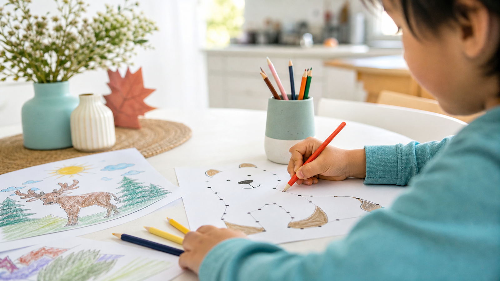 Child completing a connect-the-dots worksheet with coloured pencils at a kitchen table