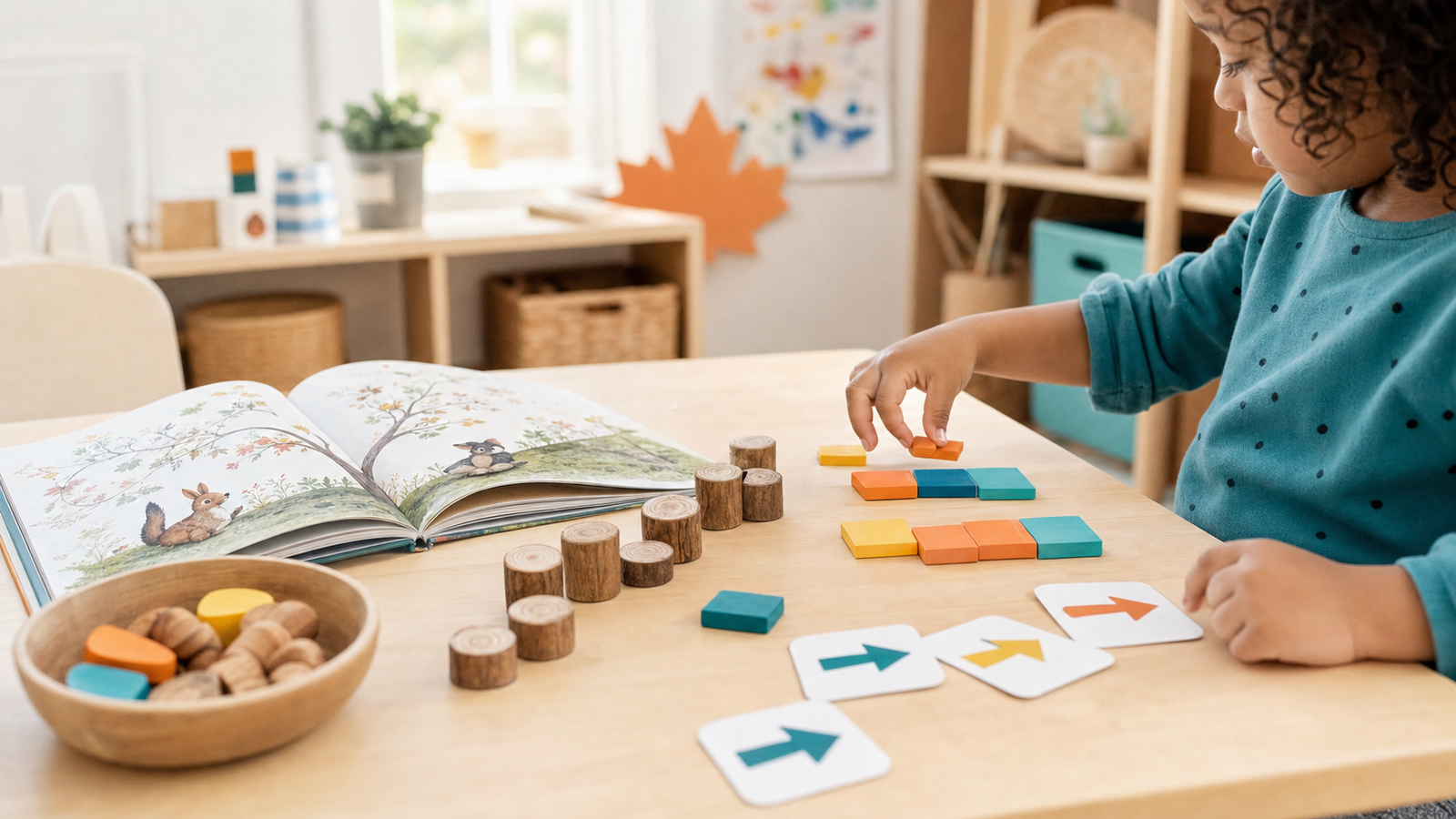 Kindergarten child exploring patterns, counting, books, and introductory coding activities