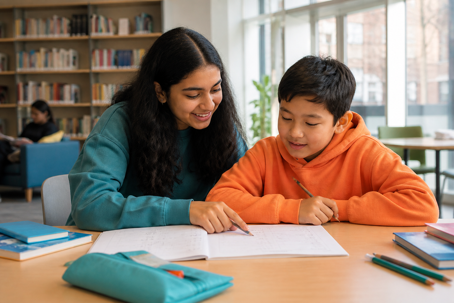 Older student tutor helping a younger learner with math in a welcoming library