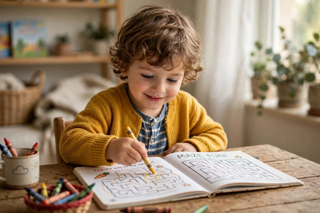 Young child concentrating on a maze activity page