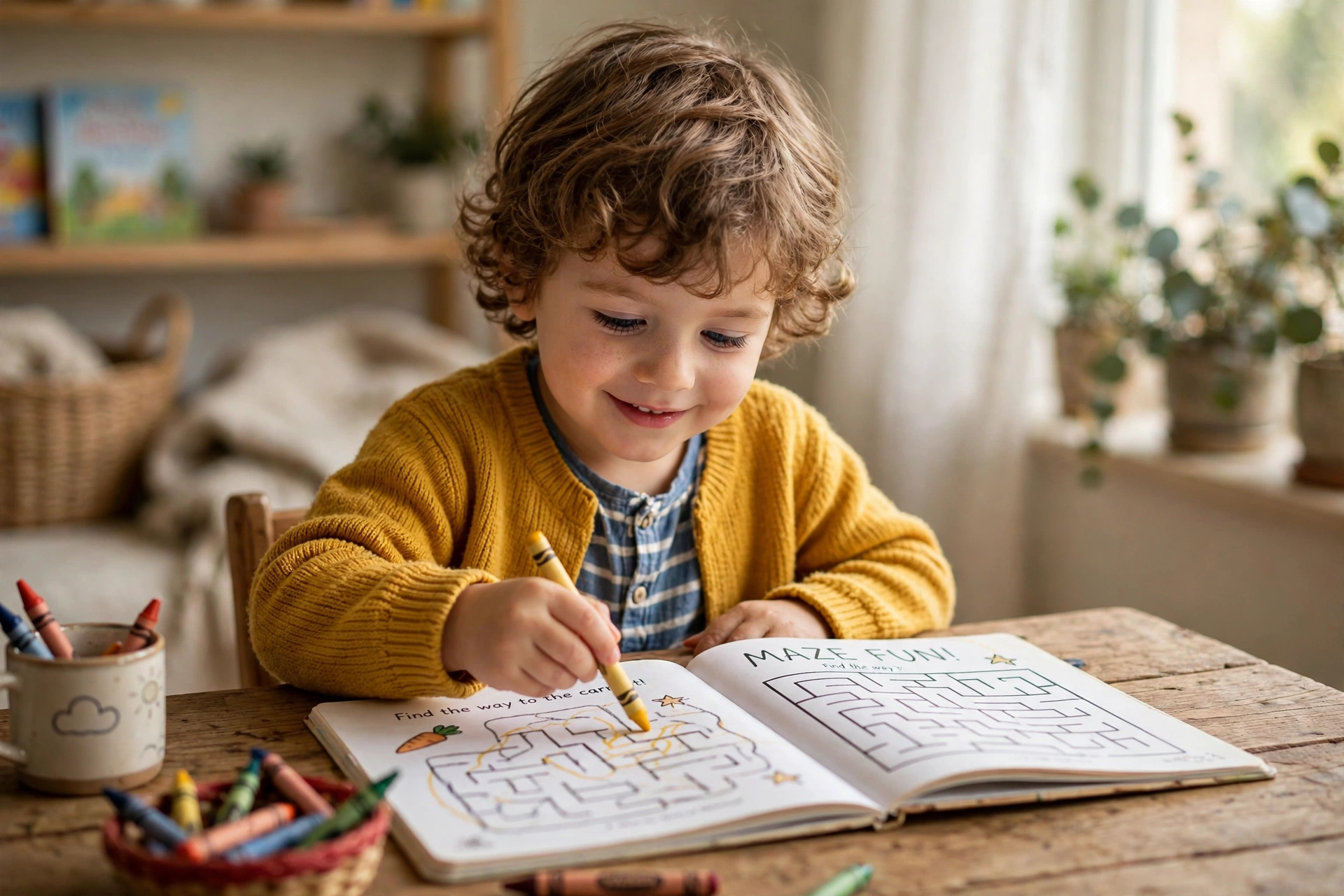 Young child concentrating on a maze activity page