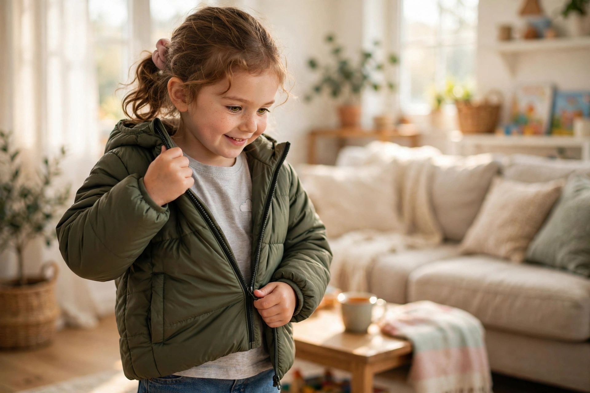 Young child zipping up a jacket by herself